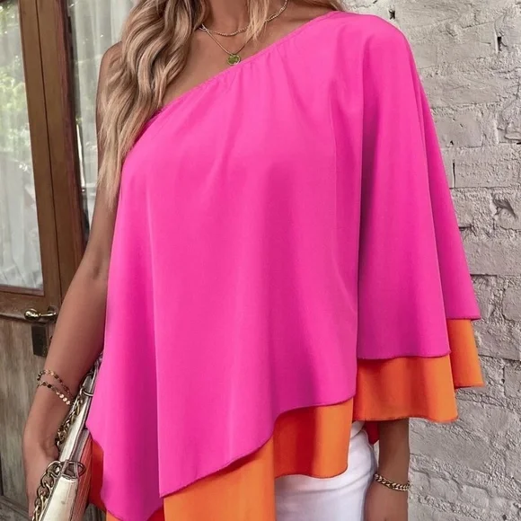 Womens One Shoulder Hi Lo  Colorblock Blouse in Magenta Combo in Various NWT - Picture 4 of 6